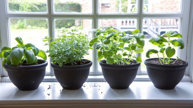  a row of potted plants sitting on top of a window sill in front of a window sill.
