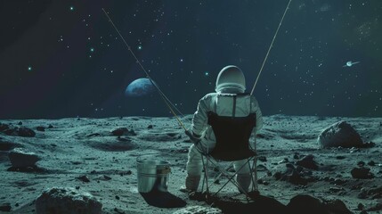 A cosmonaut sitting on a chair on the moon holding a fishing rod in front of him, he sinned stars that he put in a bucket next to him, view from behind  - obrazy, fototapety, plakaty
