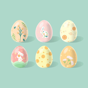 Happy Easter. Set of Easter eggs with floral texture and bunny silhouette on a pastel background. Spring holiday.Happy easter eggs