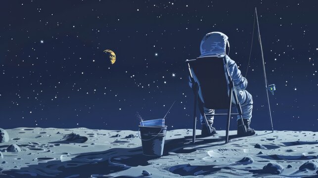 A cosmonaut sitting on a chair on the moon holding a fishing rod in front of him, he sinned stars that he put in a bucket next to him, view from behind 