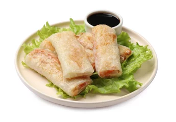  Delicious fried spring rolls with sauce isolated on white © New Africa