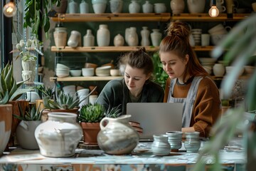 Two female entrepreneurs managing online orders in a ceramic store working on a laptop. Concept Small Business Management, Online Sales, Ceramics Industry, Women Entrepreneurs, Digital Tools