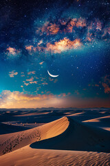 Generative AI Image of Peaceful Nature View in Desert with Galaxy in Blue Sky - obrazy, fototapety, plakaty