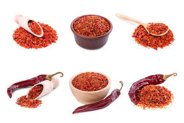 Aromatic spices. Red chili pepper flakes and whole dried peppers on white background, set