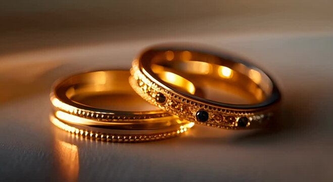 two delicate gold wedding rings with stones with a white background, let the image show elegance