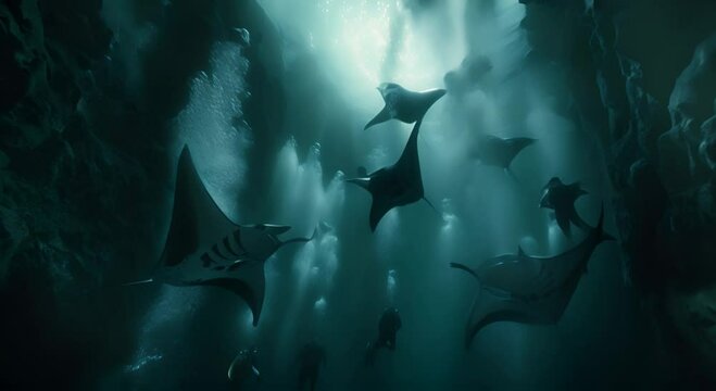 scene of manta rays interacting with divers swimming in a minimalist environment under the sea.