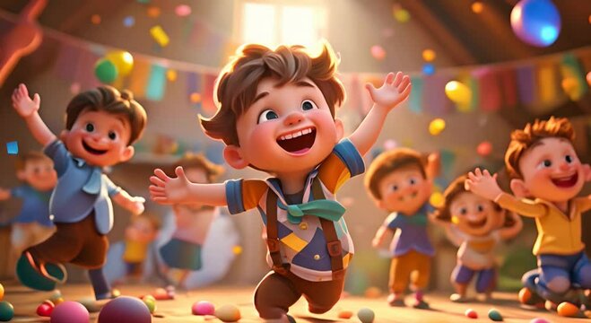 many children celebrating, dancing celebrating that they found chocolate eggs, FUNNY, VERY CUTE, 3D cartoon, bright colors