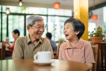Older Asian people spend time in cafes, sitting at a table, smiling and talking. Family relations, Father's Day celebrations and the concept of protecting the health of the elderly.