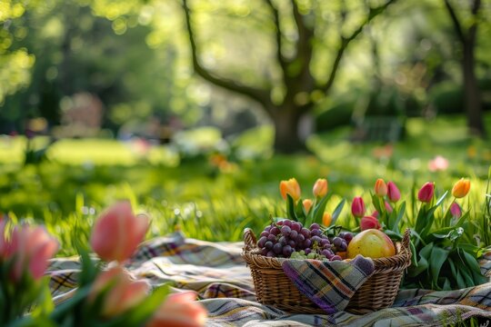 picnic scene with a basket of fruits and flowers surrounded by the greenery park, summer holiday