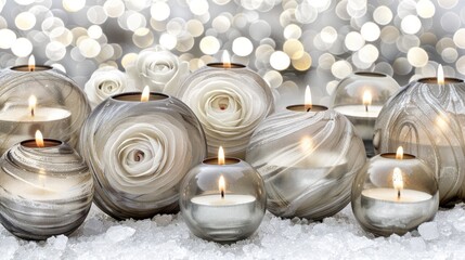  a group of candles sitting next to each other on top of a pile of snow covered ground with a boke of lights in the background.