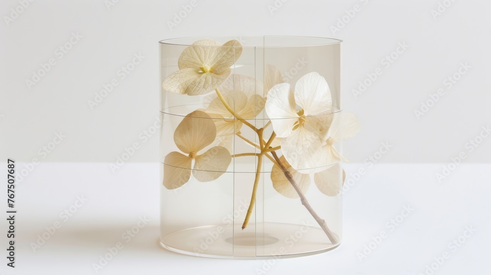 Poster a close up of a vase with a flower inside of it on a table with a white wall in the background.