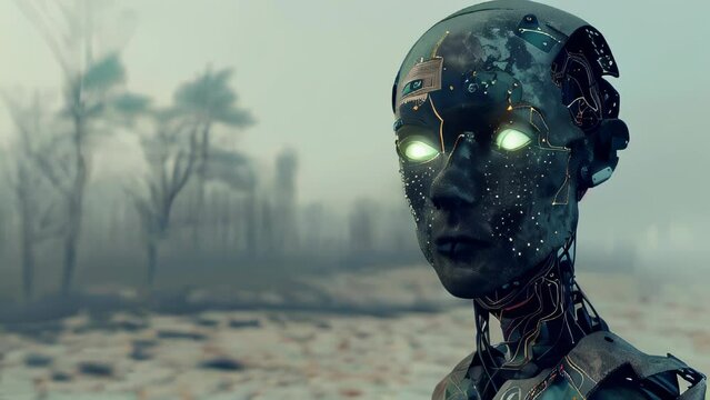 Humanoid robot stands in a misty, barren landscape. Glowing eyes and expressionless face make a striking impression. 