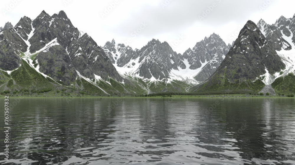 Poster a large body of water with a mountain range in the background and a few clouds in the sky above it.