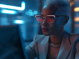 A woman wearing glasses is looking at a computer screen. The image has a futuristic feel to it, with a blue background and neon lighting. The woman's outfit is also modern and sleek