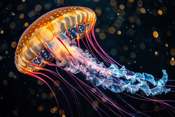 Aquatic Symphony Majestic closeup of a jellyfish, its role in the marine ecosystem captured as it floats, its form a delicate part of the oceans complex symphony , high resolution
