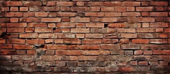 Detailed close up of a weathered old red brick wall showcasing the craftsmanship of brickwork and mortar, creating a stunning facade with rectangular shapes