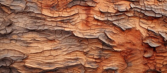 A detailed shot of a tree trunk displaying the rough texture of the brown bark, resembling a bedrock formation. This trunk could serve as building material or rock outcrop - obrazy, fototapety, plakaty