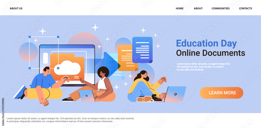 Poster students using online storage on laptop screen file transfer connection docs information migration a