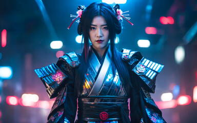 Ai generated fictional female cyber-samurai 