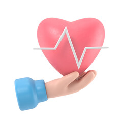 3d render. Medical heart rate icon. Doctor or cardiologist cartoon hand holding heart with chart line. Healthcare illustration.Supports PNG files with transparent backgrounds.