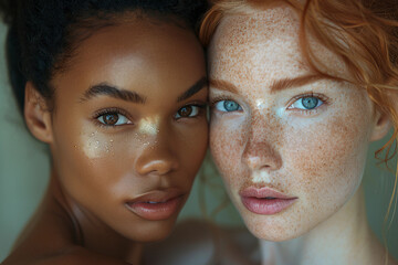 Close up fashion portrait two different races women hugging, black African American and white redhead with freckles touching their heads faces to each other diversity concept commercial advertising - obrazy, fototapety, plakaty
