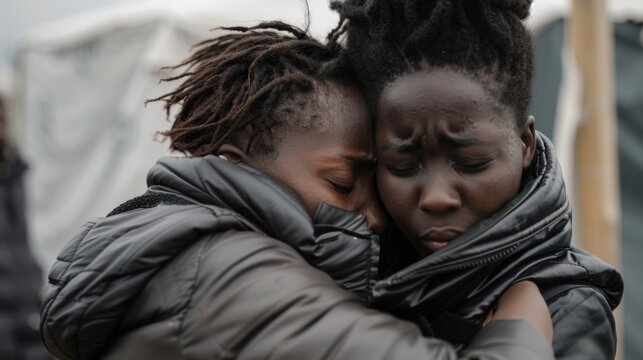 Two strangers embracing in tears at a refugee camp finding solace and solidarity in each others struggles.
