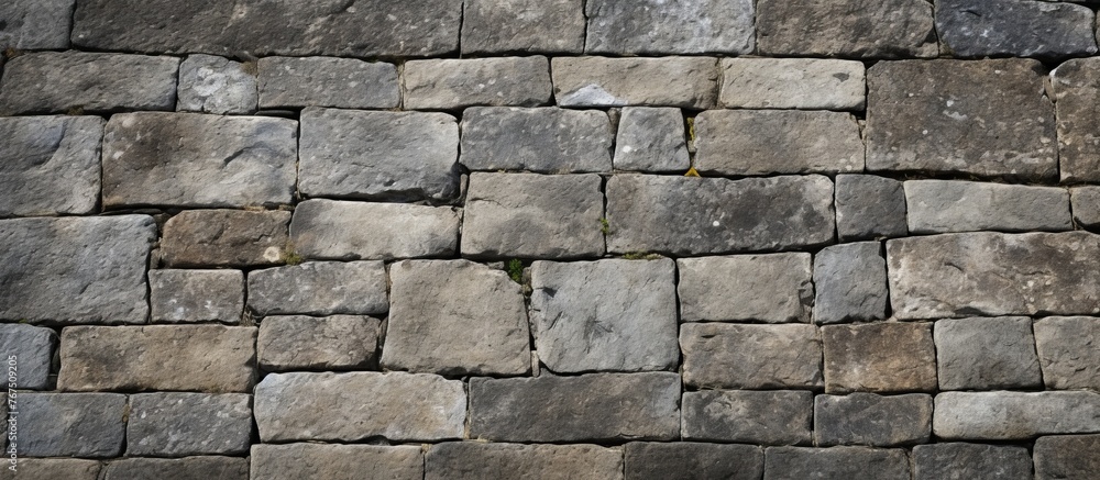 Poster a detailed shot of a stone wall made up of bricks showcasing the intricate pattern and durable compo