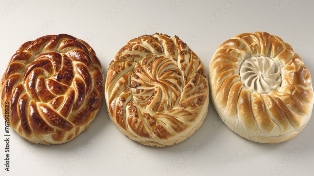 Poster a white table topped with three different types of breads on top of a white table next to each other