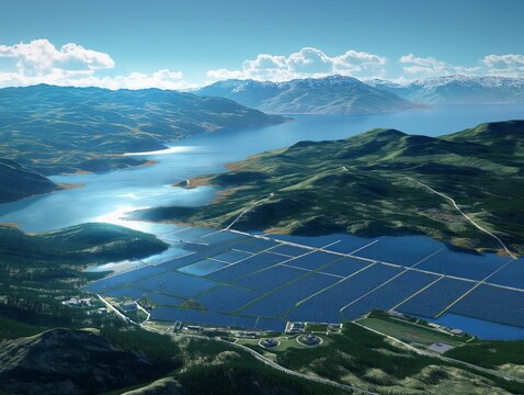 A large solar farm is shown in the image, with a body of water in the background. The solar panels are spread out across the land, and the view is of a beautiful, serene landscape