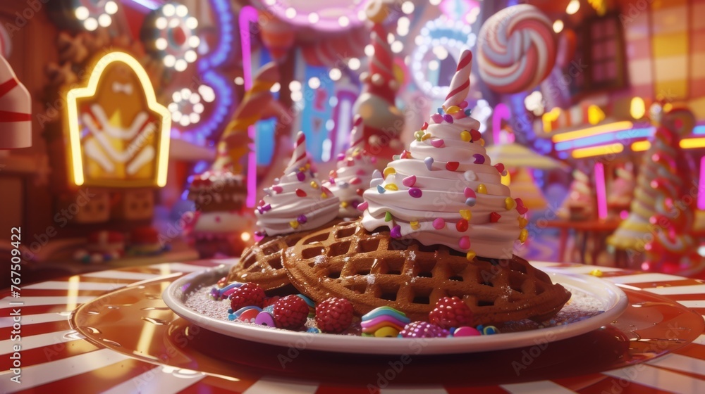 Poster a close up of a plate of waffles with frosting and sprinkles on a table.