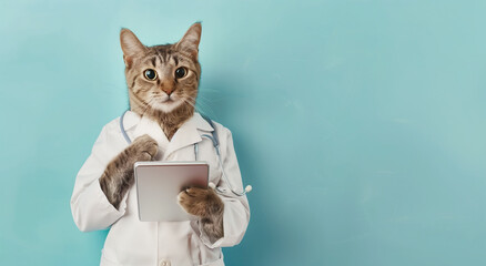 Portrait of Cute Cat Doctor in Medical Coat Writing and Working with Digital Tablet Computer on Blue Background. Professional Veterinarian in Clinic or Hospital. Looking at the Camera.