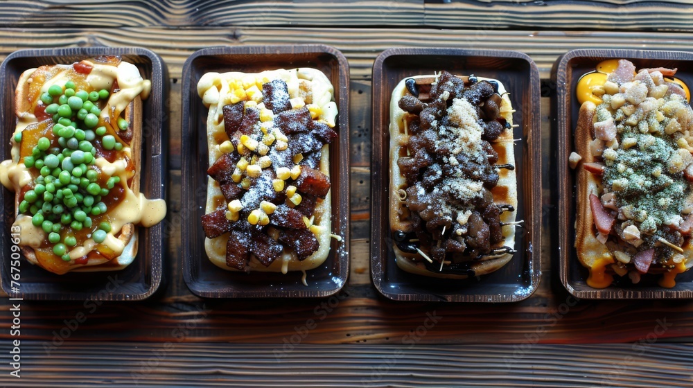Poster four trays of food with different types of toppings on them on a wooden table with wood planks.
