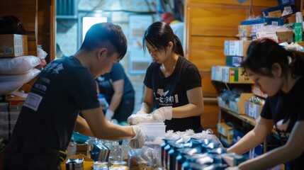 A group of volunteers assembling and distributing relief packages to those affected by the disaster providing a glimmer of hope amidst the chaos. - obrazy, fototapety, plakaty