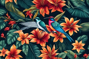 Beautiful tropical bird on exotic flowers