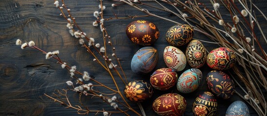 A still life display featuring Pysanka, intricately designed Easter eggs, dried willow branches on a dark wooden surface, as seen from above with room for text. - obrazy, fototapety, plakaty
