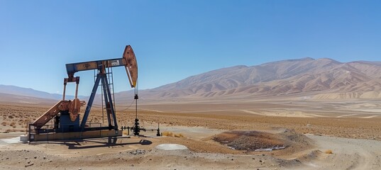 Naklejka premium Abandoned oil pumpjack at desert. Oil fuel energy industry. Generative AI technology.