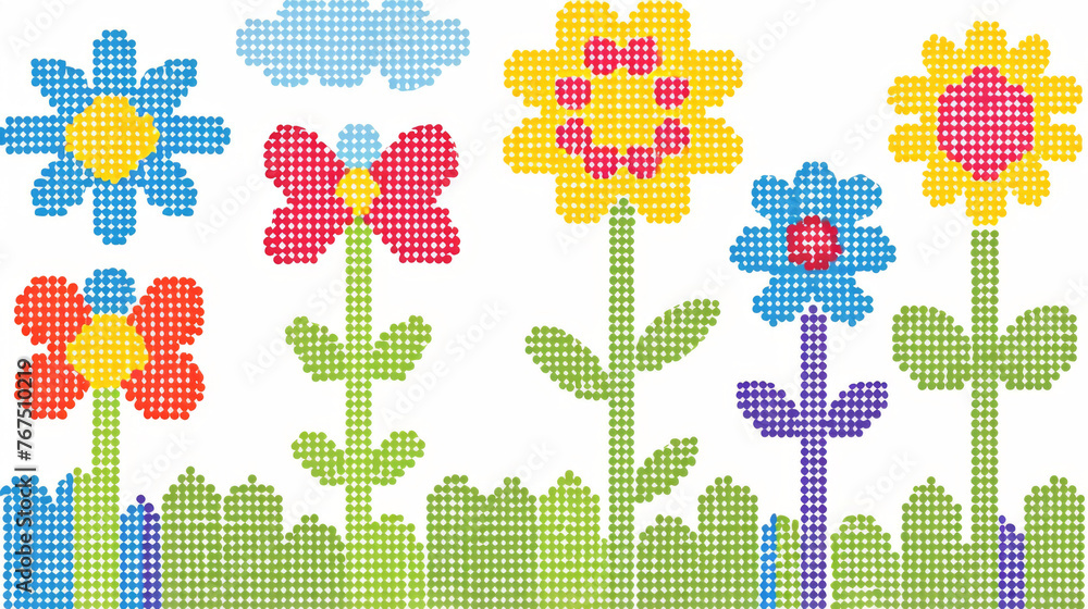 Poster  a cross stitch pattern of colorful flowers on a white background with a green field in the foreground and a blue sky in the background.