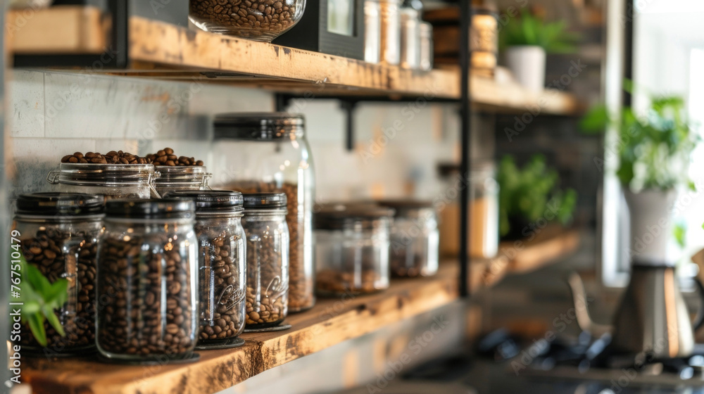 Poster a shelf displaying numerous jars filled with various types of plants, creating a vibrant and green-f