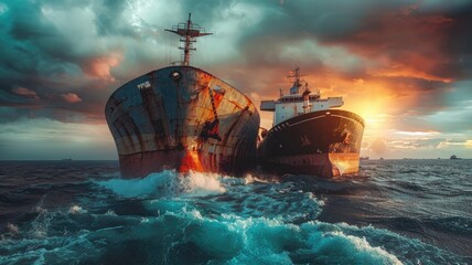 Shipwrecks in ocean sunset with vibrant sky - An evocative image of two shipwrecks meeting in the midst of a stormy sea, under a vivid, colorful sunset sky - obrazy, fototapety, plakaty