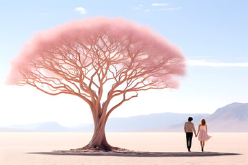 man and a woman walk through the desert near a lonely tree
