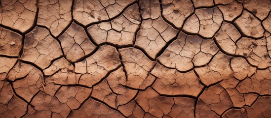 A closeup of a parched earth texture resembling cracked brown bricks. The soil is dry, with subtle tints and shades, creating a unique pattern similar to a twig in a desolate landscape
