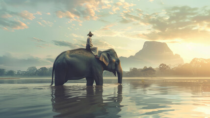 Elephant and mahout in a tranquil river - A majestic elephant with its mahout reflects serenity on a tranquil river at sunset