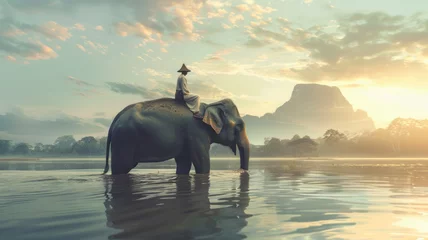 Fotobehang Elephant and mahout in a tranquil river - A majestic elephant with its mahout reflects serenity on a tranquil river at sunset © Tida