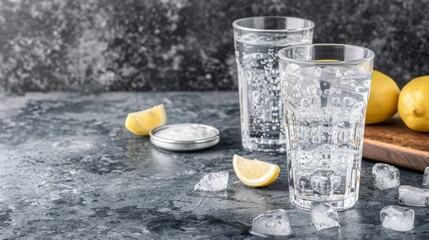  a couple of glasses sitting on top of a table with lemons and ice cubes on top of it.