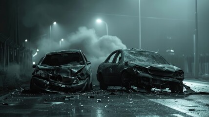 Night car accident scene with smoke - Two cars that have crashed into each other at night emit smoke against an ominous backdrop