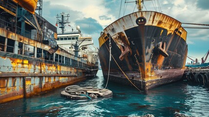 Old ships moored at a busy dock - Old, rusting ships moored in a dock vividly capturing the texture and atmosphere of maritime decay - obrazy, fototapety, plakaty