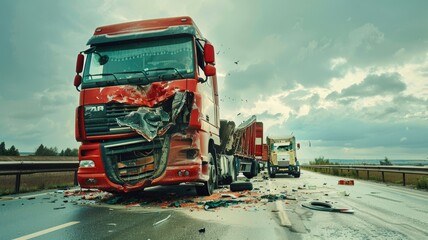Red truck involved in a severe crash - A dramatic scene of a red truck after a severe collision on the highway, showcasing the impact and chaos of road accidents