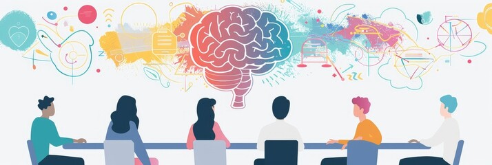 Psychology and creativity in team meetings illustration - Soft colored portrayal of a group discussing ideas with a brain representing psychological processes - obrazy, fototapety, plakaty