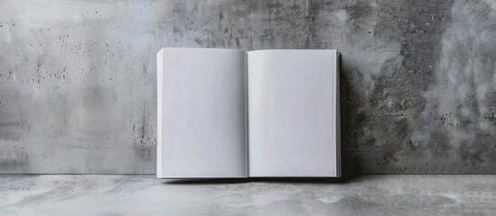 Blank notebook with white pages closed on a gray backdrop. - obrazy, fototapety, plakaty