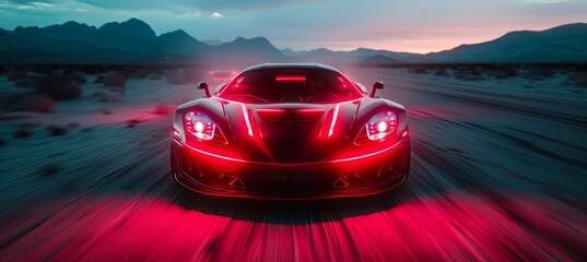 Obraz premium Glowing red neon sport car speeding at desert. Generative AI technology. 